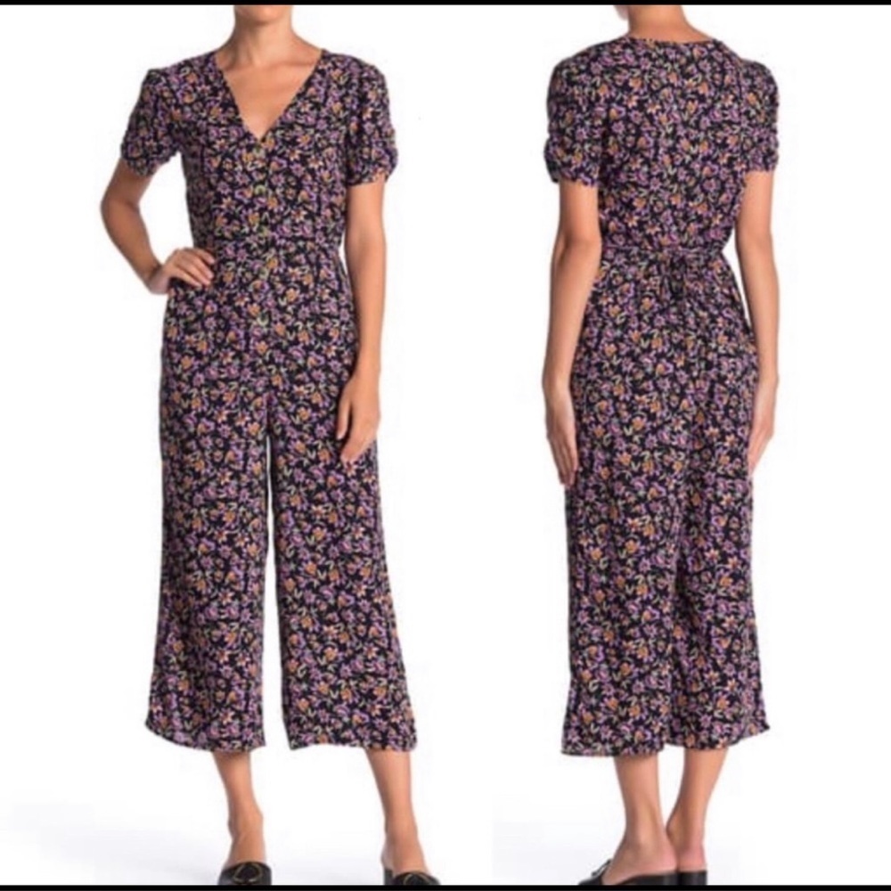 Band Of Gypsies Boho Jumpsuit Black Lavender Floral Sz Small